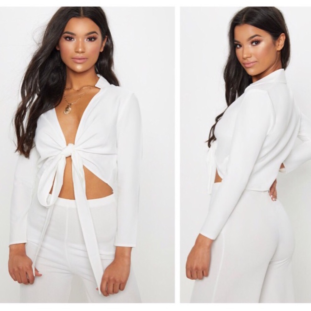 PrettyLittleThing Blanche white tie front crop top